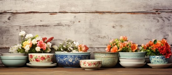 A copy space image showcasing floral and decorative dishware set against a rustic wooden backdrop