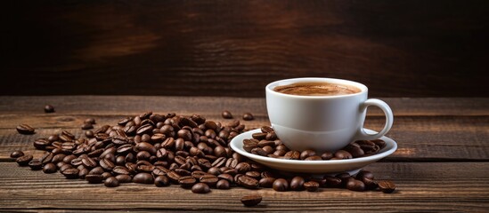 A copy space image displays a cappuccino cup filled with aromatic roasted coffee beans sitting on a rustic wooden table
