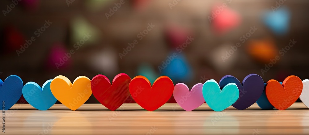 Aufkleber A copy space image of colorful cardboard hearts placed on a wooden table with an empty space
