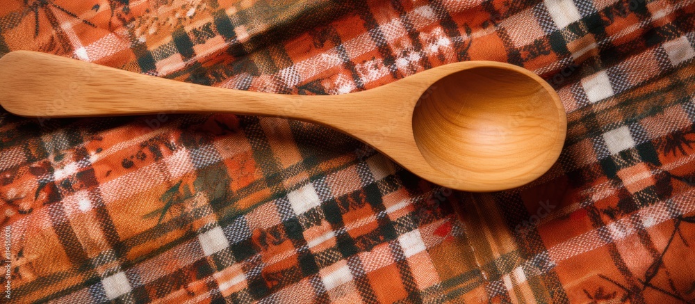 Aufkleber A wooden cooking spoon is seen on a patterned cloth providing a visual representation of cooking with organic materials The image includes a background with textured elements as well as copy space for