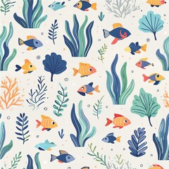 Obraz premium a pattern showcasing underwater marine life, including fish, coral, and seaweed, with a harmonious blend of blues and greens.
