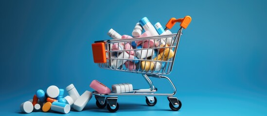 On a blue background there is a shopping cart or trolley filled with pills and medicines leaving room for additional content in the image - Powered by Adobe