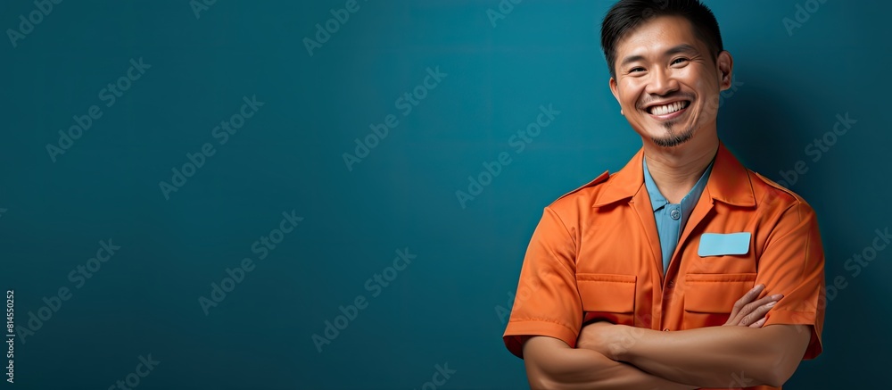 Poster an asian janitor with a happy expression in a photo with empty space for text or graphics. with copy