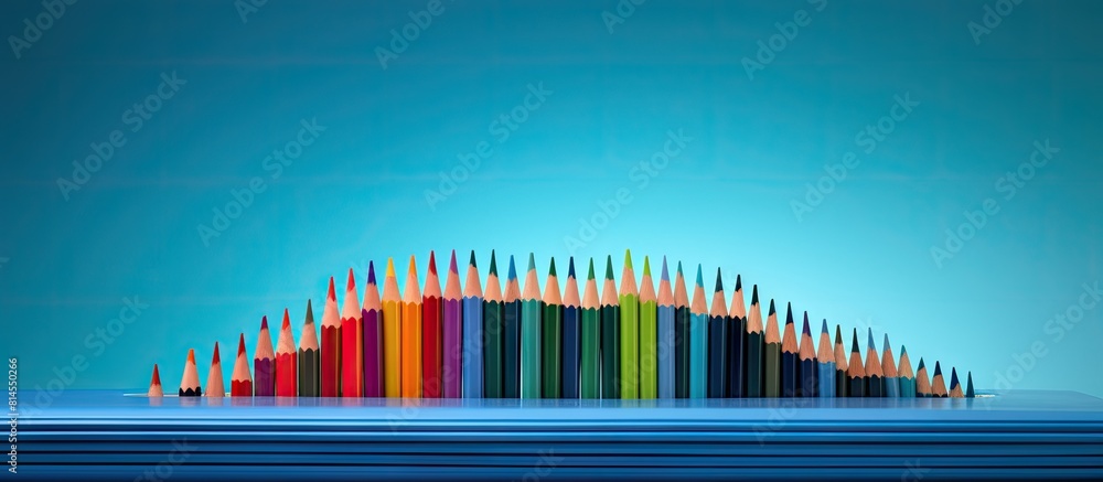 Aufkleber A vibrant arrangement of colored pencils rests on a notebook situated against a backdrop of serene blue The visually striking composition captured in a photograph features a copy space image ideal fo