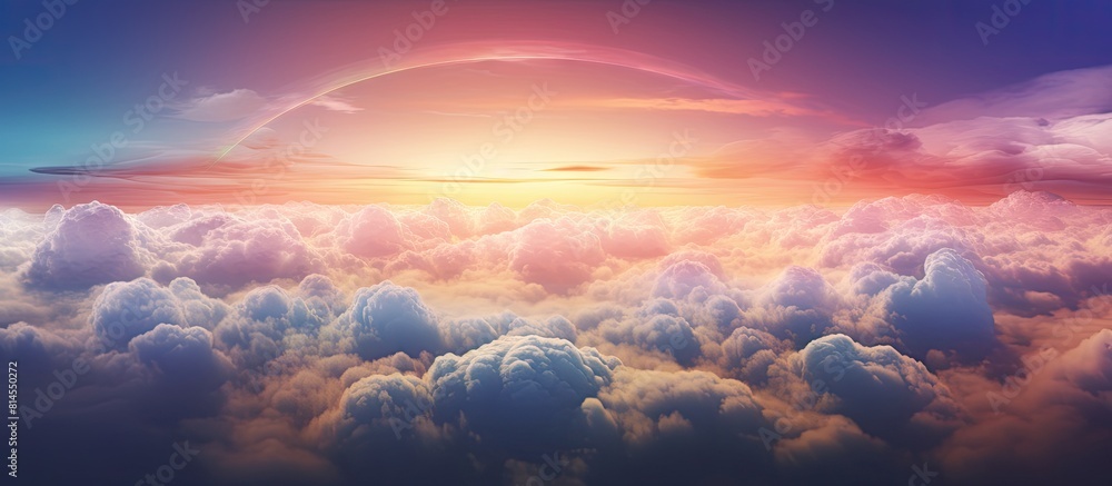 Poster In the evening there are beautiful rainbow clouds floating above the dark clouds creating a captivating and breathtaking view in the sky The image has enough empty space for text