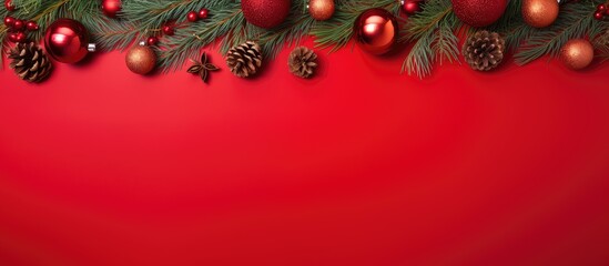 A festive Christmas frame adorned with fir tree decorations and placed on a vibrant red backdrop This delightful Christmas wallpaper showcases a visually appealing arrangement with a top down perspec