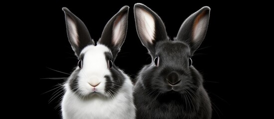 Obraz premium Black and white mini rex rabbits in a copy space image against a black background