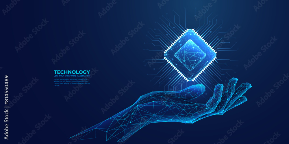 Poster Abstract digital semiconductor hologram in technology hand. Humanoid hand holding computer chip. AI innovation concept. Tech bg. Artificial Intelligence Science background. 3D vector illustration.