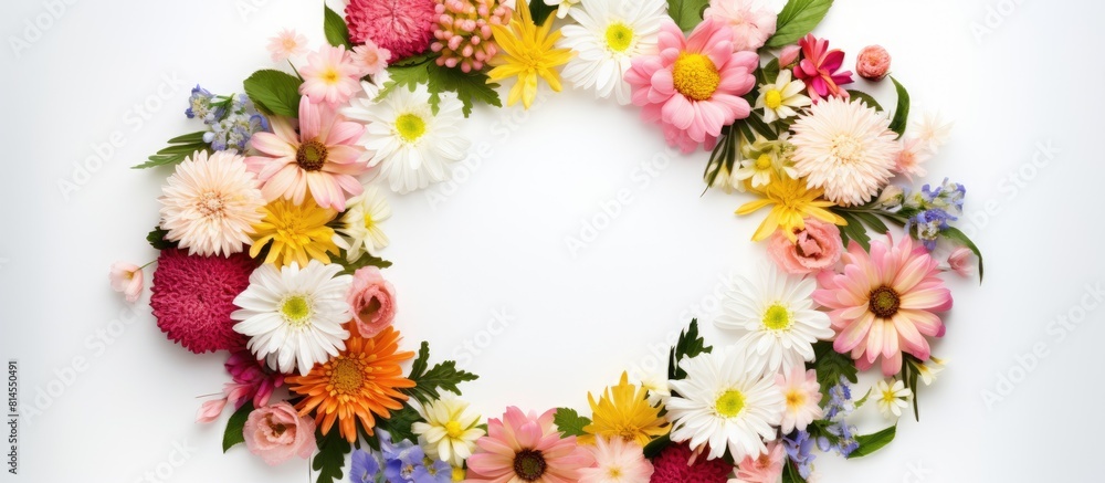 Poster White background flat lay with a round decorative frame of artificial flowers Copy space image for postcard or greeting card
