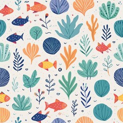 a pattern showcasing underwater marine life, including fish, coral, and seaweed, with a harmonious blend of blues and greens.