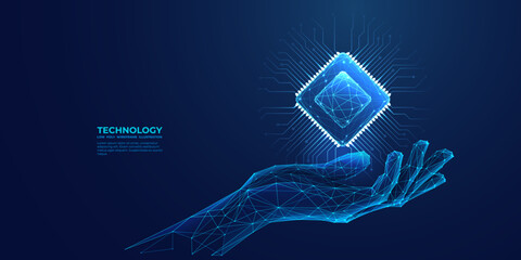 Abstract digital semiconductor hologram in technology hand. Humanoid hand holding computer chip. AI innovation concept. Tech bg. Artificial Intelligence Science background. 3D vector illustration.
