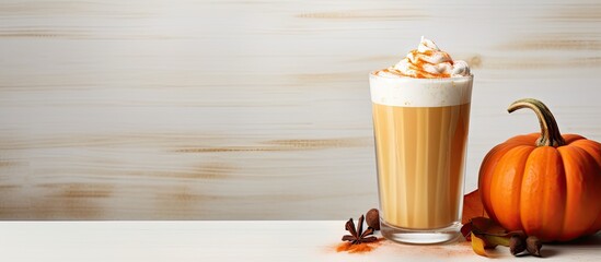 A pumpkin latte with spices is served as a cocktail topped with whipped cream and presented on a white wooden background with plenty of copy space for accompanying images