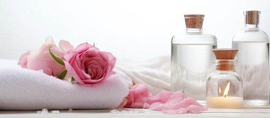 Copy space image of a stunning spa arrangement consisting of essential oil sea salt and rose placed on a white towel against a softly blurred backdrop Ample room for text