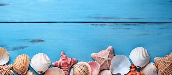 A photo of seashells on a blue background taken from a top down perspective would be a great summer vacation composition idea for a flat lay image with copy space