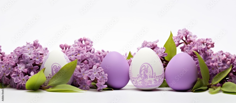 Poster isolated on a white background there is an image of easter eggs decorated with tulip and lilac flowe