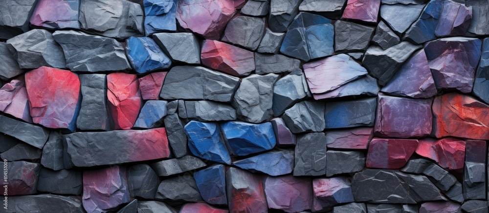 Aufkleber A multi colored stone wall made of basalt with a rock texture serves as a captivating stone background and a perfect fantasy wallpaper with copy space image