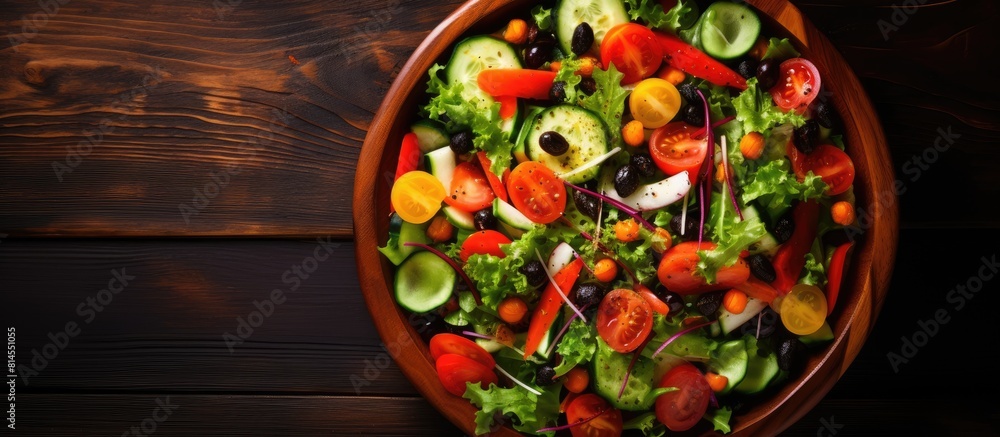 Poster top view of a vegetable salad showcasing the concept of healthy eating with a copy space image