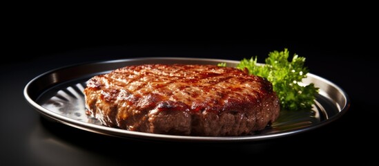 Copy space image depicting a delicious hamburger steak made with an iron plate