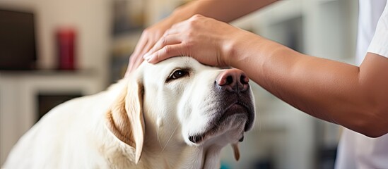 Male veterinarian strokes the head of a white Labrador dog at a vet clinic the close up image...