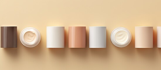 A top down view of a branded cosmetics SPA mock up showcasing tubes and jars of cream placed on a colored background offering ample copy space for customization