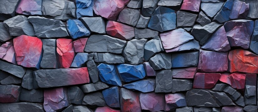 A multi colored stone wall made of basalt with a rock texture serves as a captivating stone background and a perfect fantasy wallpaper with copy space image
