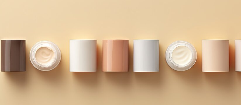 A top down view of a branded cosmetics SPA mock up showcasing tubes and jars of cream placed on a colored background offering ample copy space for customization