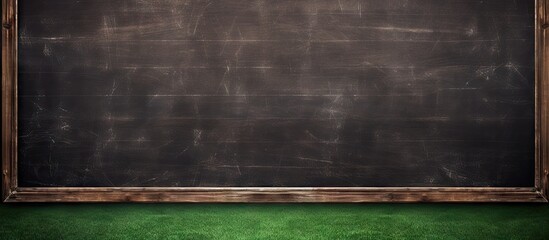 The soccer field background showcases a small blackboard with a wooden frame providing ample copy space for potential text or images - Powered by Adobe