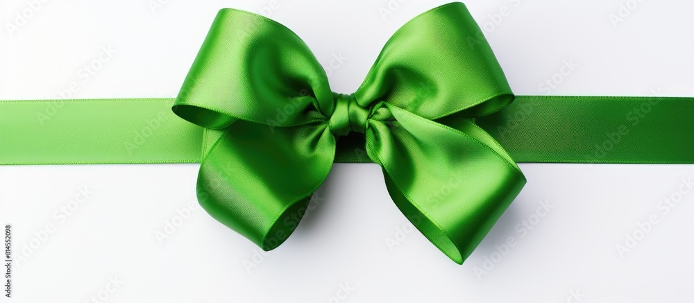 Poster A green bow stands alone on a white background leaving empty space for an image. with copy space image. Place for adding text or design