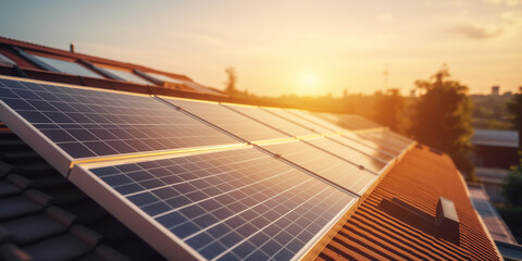 Panel solar energy photovoltaic power roof sun home cell system green house eco industry. Solar energy building panel future electric engineer technology ecology sunset nature station sky light work