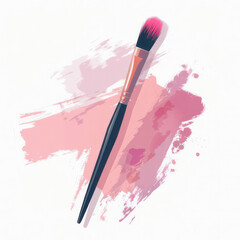 A pink makeup brush rests on a pink stroke of paint