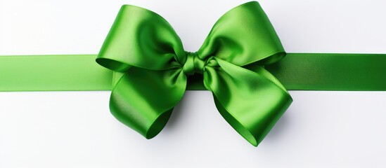 A green bow stands alone on a white background leaving empty space for an image. with copy space image. Place for adding text or design