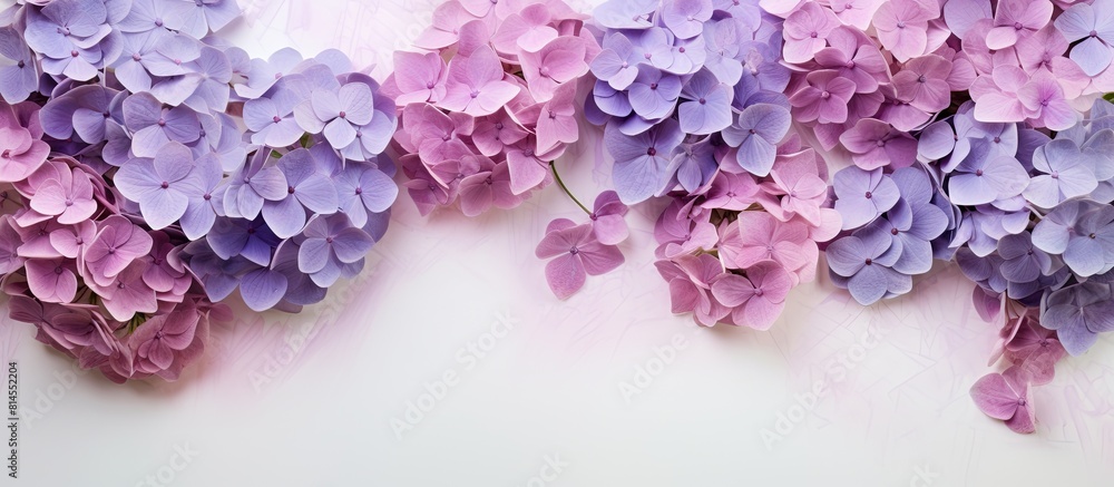 Aufkleber top view of artistic ink background with pastel violet and pink hydrangea flowers copy space image