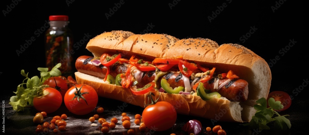 Poster A tasty and savory food item made of a grilled or steamed sausage placed in a soft bun often accompanied by condiments and toppings. with copy space image. Place for adding text or design