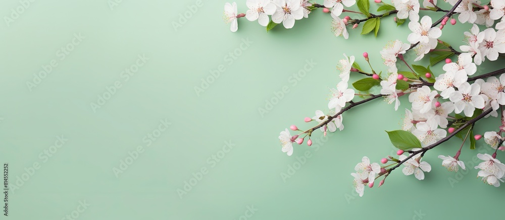 Aufkleber horizontal flat lay composition featuring blossom tree branches against a pleasant pastel green back