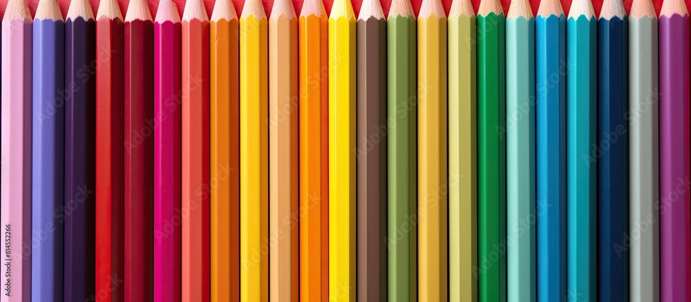 Poster Color pencils arranged on colored papers creating a visually appealing copy space image