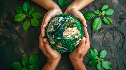 Hands holding a globe with lush greenery, representing environmental sustainability and global responsibility, concept of Earth Day and green energy