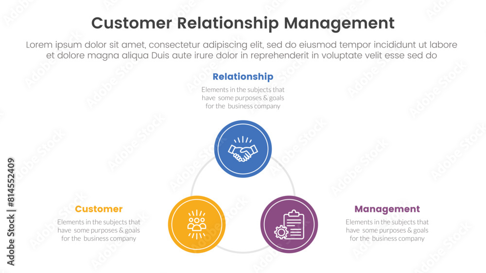 Poster crm customer relationship management infographic 3 point stage template with circle triangle shape c