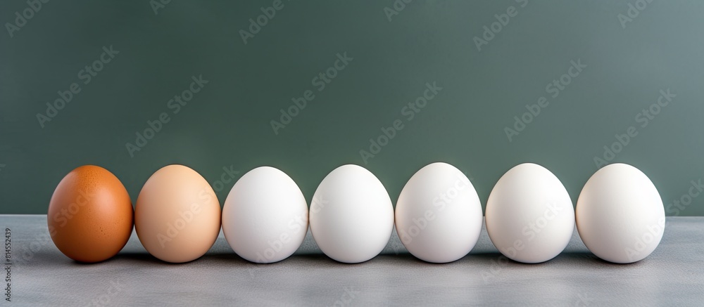 Poster a copy space image of chicken eggs white in color against a gray backdrop