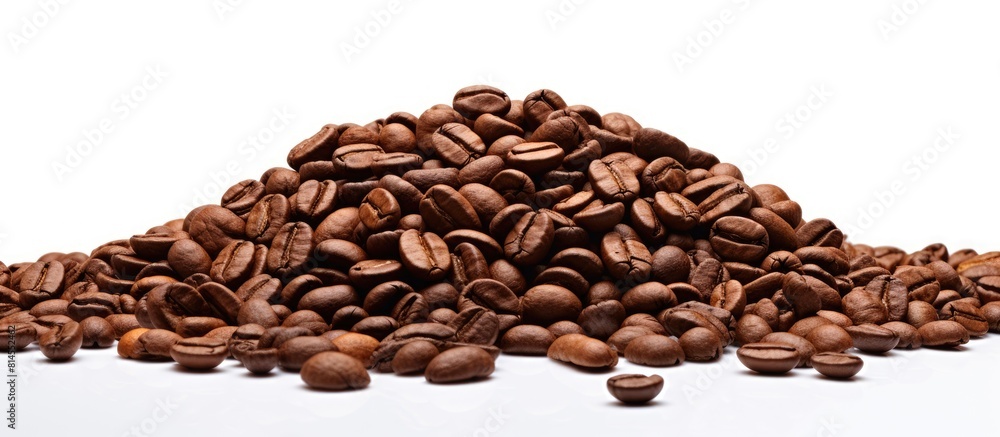 Poster an isolated heap of roasted coffee beans with copy space for advertisement or design purposes