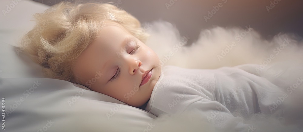 Poster a cute blond baby peacefully sleeping on his back in bed enjoying sweet dreams and feeling secure wh
