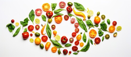 A free space image of vibrant pizza toppings including tomatoes cheese chili peppers and basil leaves arranged on a white background in a top view perspective. with copy space image