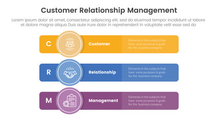CRM customer relationship management infographic 3 point stage template with long rectangle box with circle badge for slide presentation