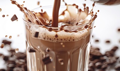 Dynamic Splash in a Glass of Iced Coffee with Floating Coffee Beans and Chocolate Chunks