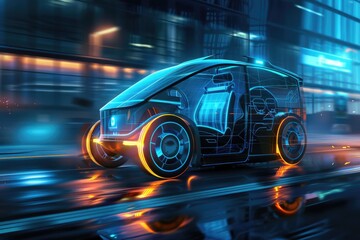 Obraz premium A modern car driving on city street at night. Suitable for technology and transportation concepts