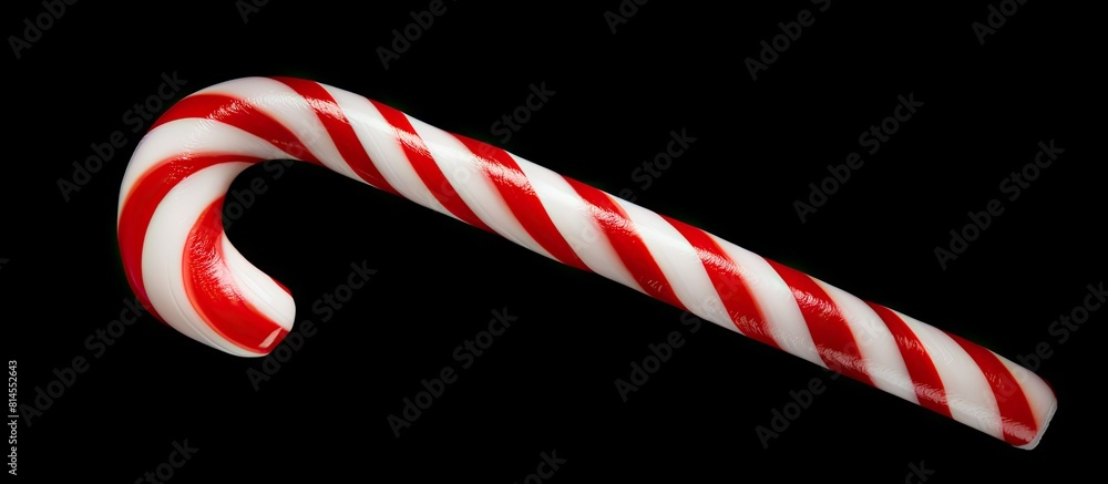 Poster Top view of a holiday striped candy cane on a dark background presented in a flat lay arrangement with ample copy space for additional images or text