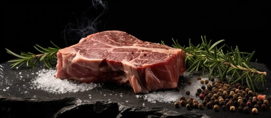 A copy space image of uncooked pork brisket seasoned with salt pepper and rosemary on a black stone