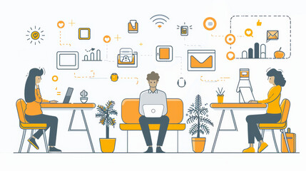 Co-working Space Concept Illustration: Digital Age Professionals Engaging in Productive Online Communication