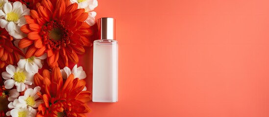 A top down view of a composition featuring a cosmetic bottle and flowers on a colorful background providing copy space for an image