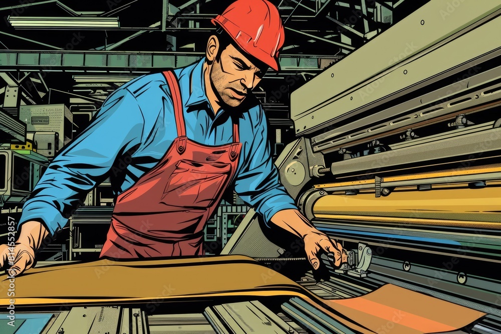 Poster a man working on a machine in a factory. suitable for industrial concepts