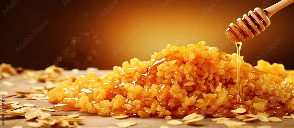 Aufkleber Puffed rice and wheat drizzled with sweet honey. with copy space image. Place for adding text or design